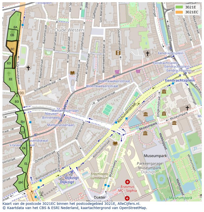 Afbeelding van het postcodegebied 3021 EC op de kaart.
