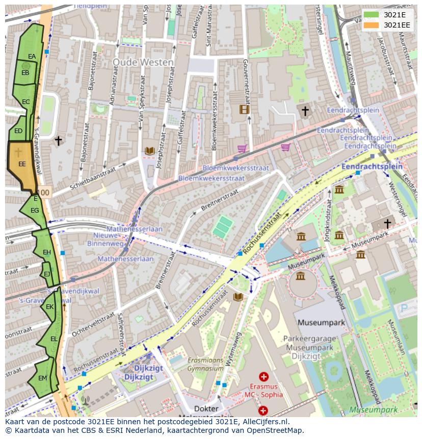 Afbeelding van het postcodegebied 3021 EE op de kaart.