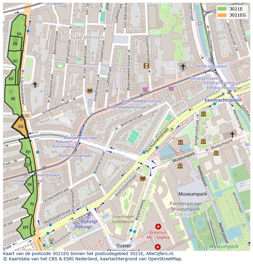 Afbeelding van het postcodegebied 3021 EG op de kaart.