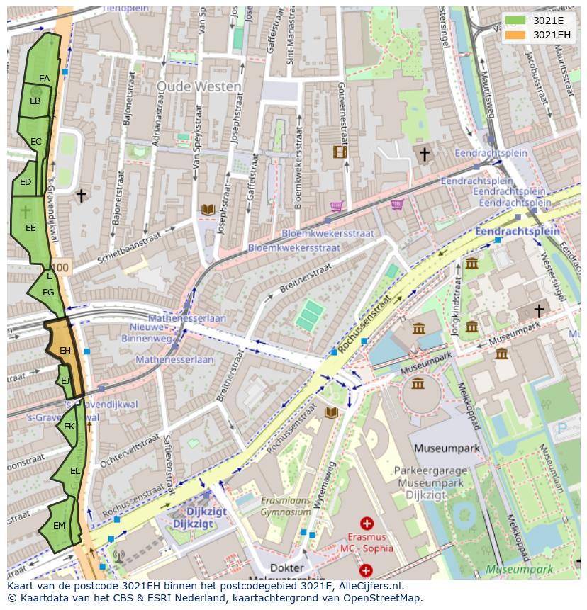 Afbeelding van het postcodegebied 3021 EH op de kaart.