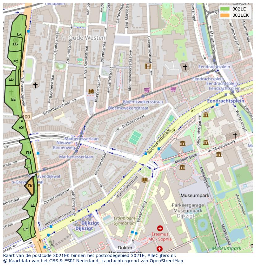 Afbeelding van het postcodegebied 3021 EK op de kaart.