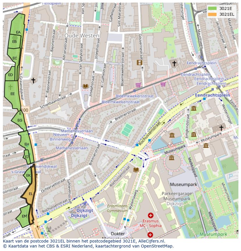 Afbeelding van het postcodegebied 3021 EL op de kaart.