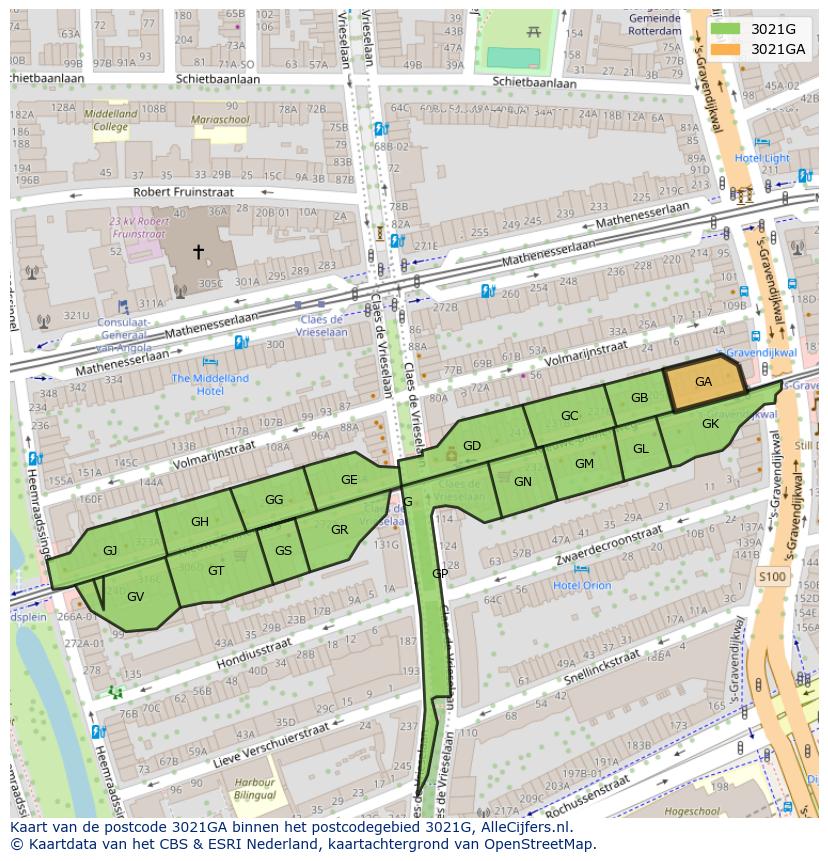 Afbeelding van het postcodegebied 3021 GA op de kaart.