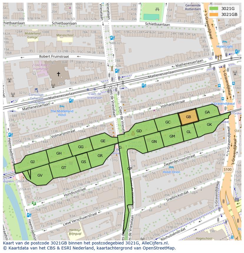 Afbeelding van het postcodegebied 3021 GB op de kaart.