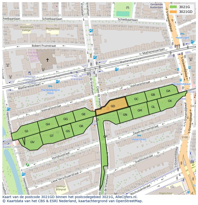 Afbeelding van het postcodegebied 3021 GD op de kaart.
