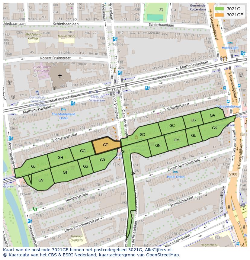 Afbeelding van het postcodegebied 3021 GE op de kaart.