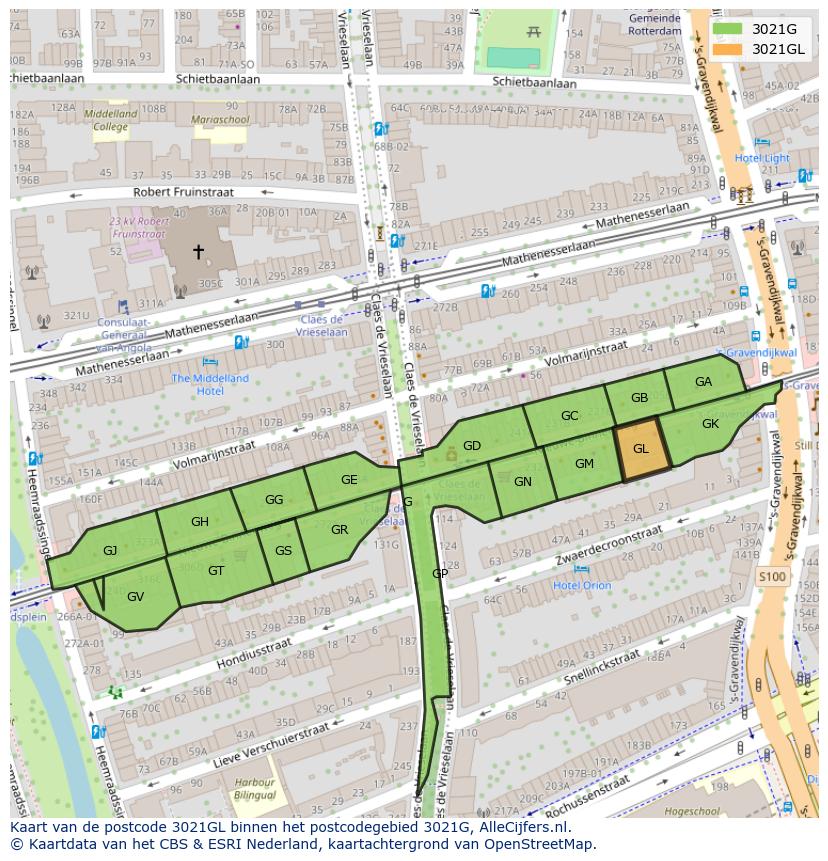Afbeelding van het postcodegebied 3021 GL op de kaart.