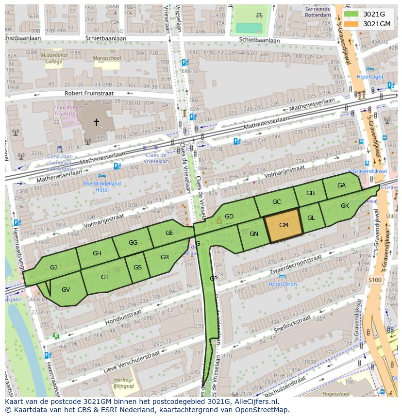 Afbeelding van het postcodegebied 3021 GM op de kaart.