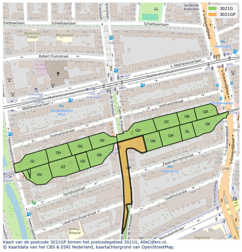 Afbeelding van het postcodegebied 3021 GP op de kaart.