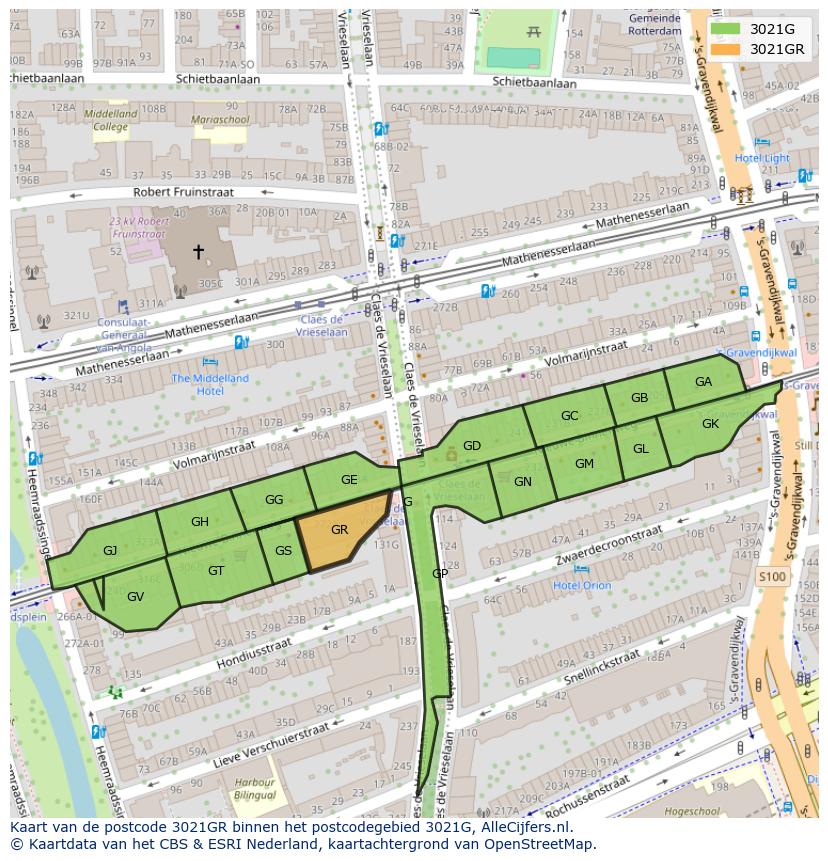 Afbeelding van het postcodegebied 3021 GR op de kaart.