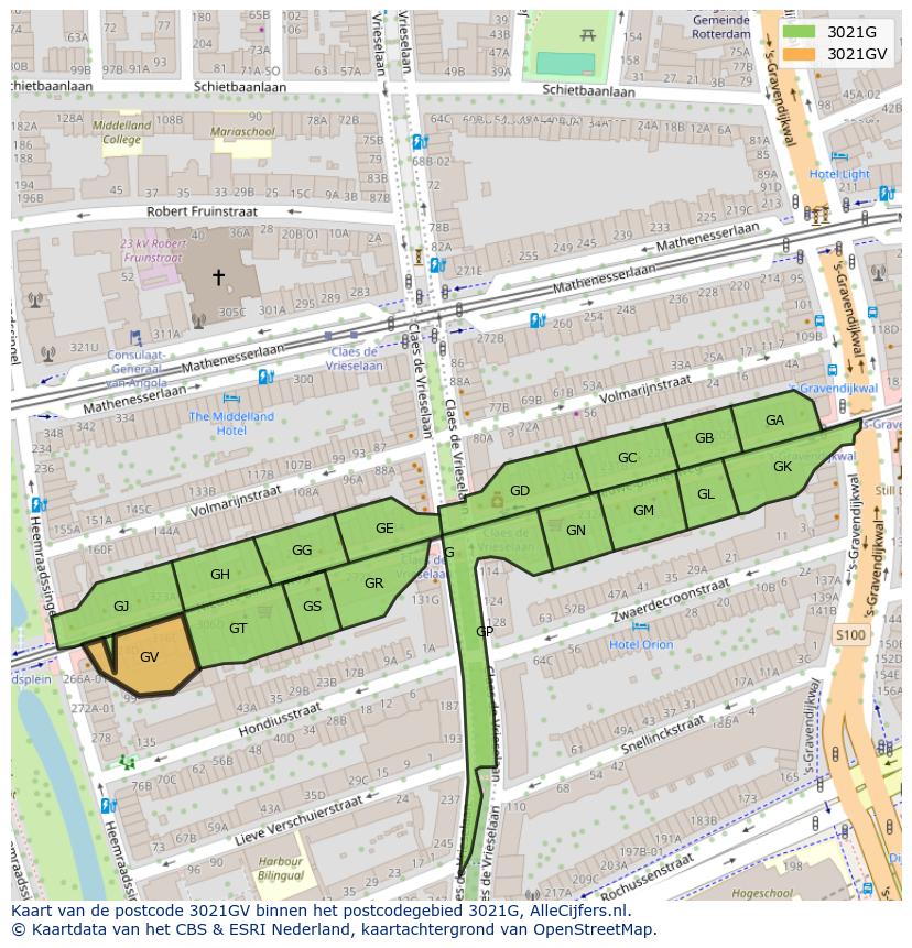 Afbeelding van het postcodegebied 3021 GV op de kaart.