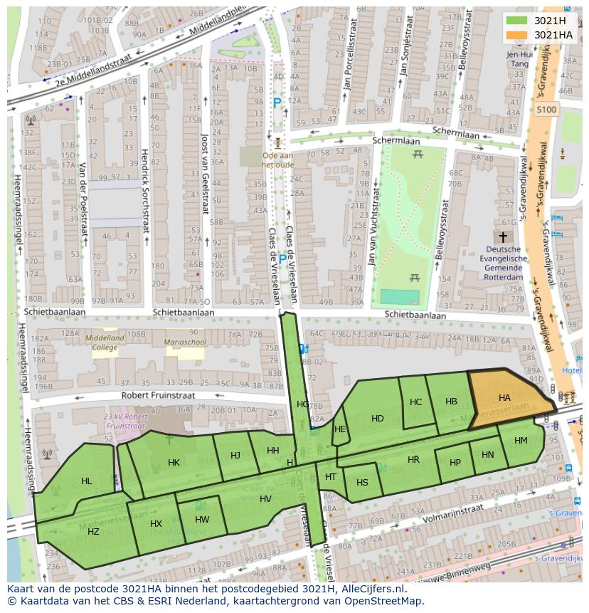 Afbeelding van het postcodegebied 3021 HA op de kaart.