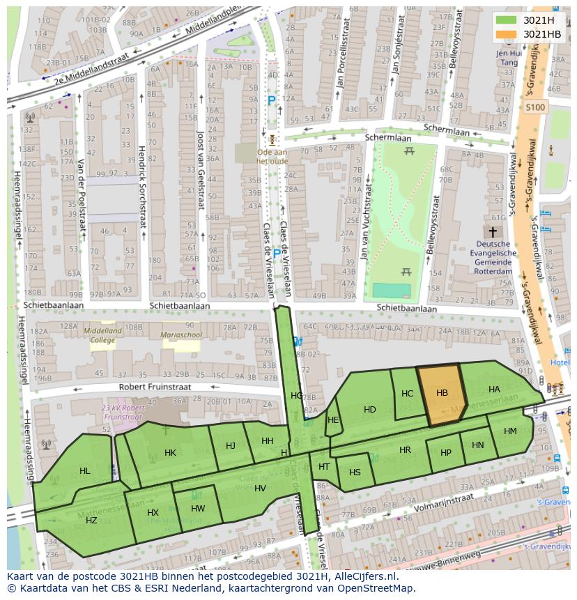 Afbeelding van het postcodegebied 3021 HB op de kaart.