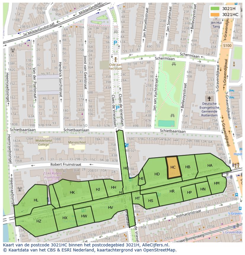 Afbeelding van het postcodegebied 3021 HC op de kaart.