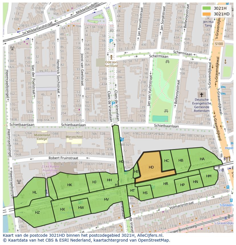 Afbeelding van het postcodegebied 3021 HD op de kaart.