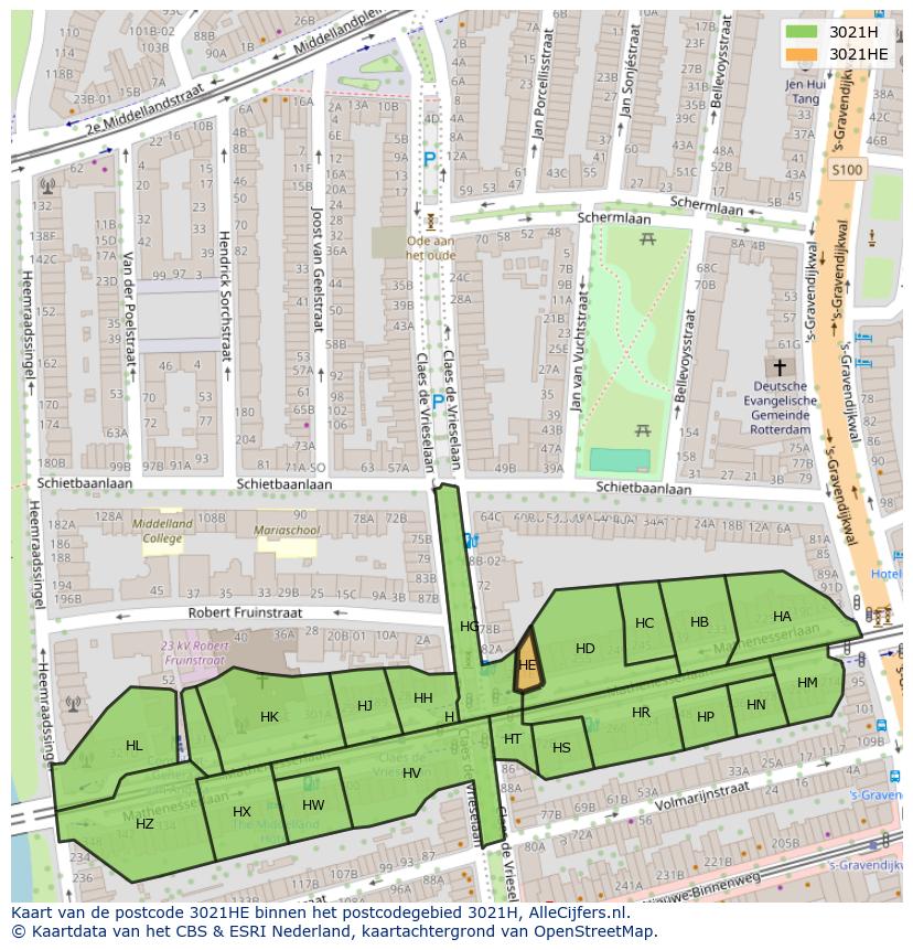Afbeelding van het postcodegebied 3021 HE op de kaart.
