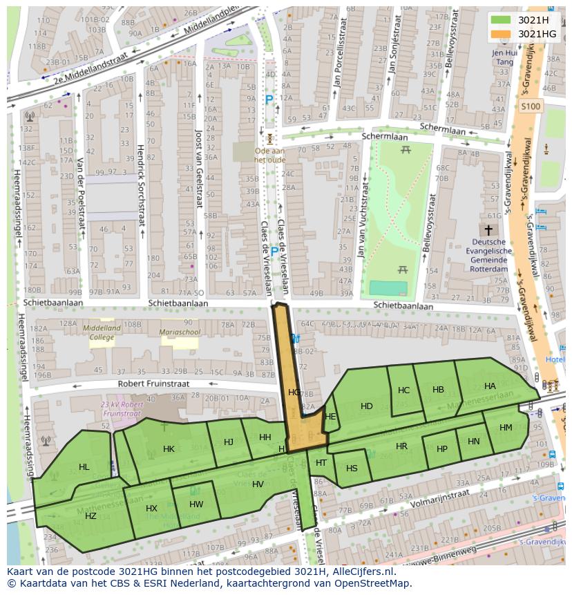 Afbeelding van het postcodegebied 3021 HG op de kaart.
