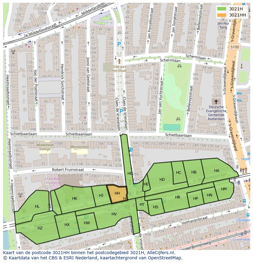 Afbeelding van het postcodegebied 3021 HH op de kaart.