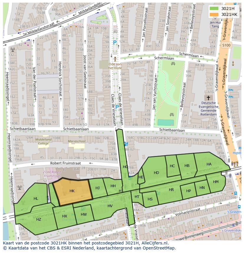 Afbeelding van het postcodegebied 3021 HK op de kaart.