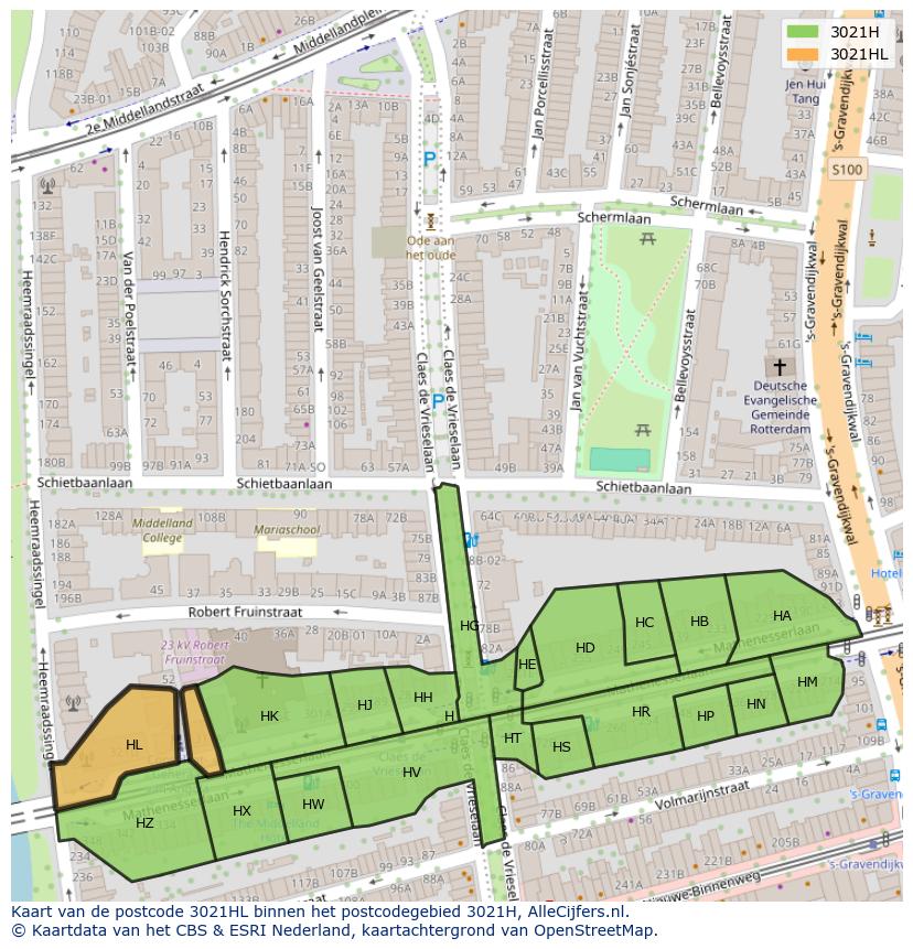 Afbeelding van het postcodegebied 3021 HL op de kaart.