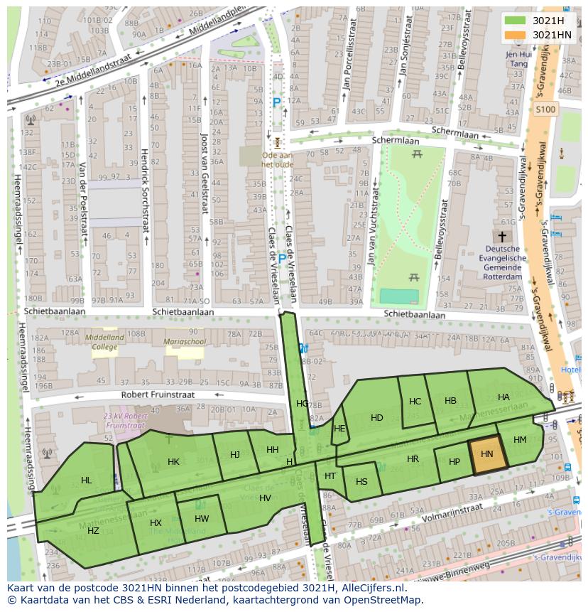 Afbeelding van het postcodegebied 3021 HN op de kaart.