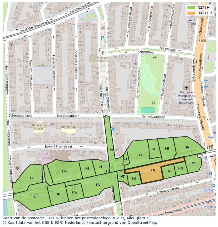 Afbeelding van het postcodegebied 3021 HR op de kaart.