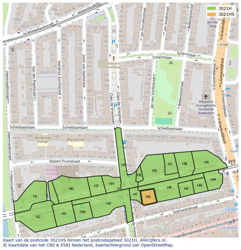 Afbeelding van het postcodegebied 3021 HS op de kaart.