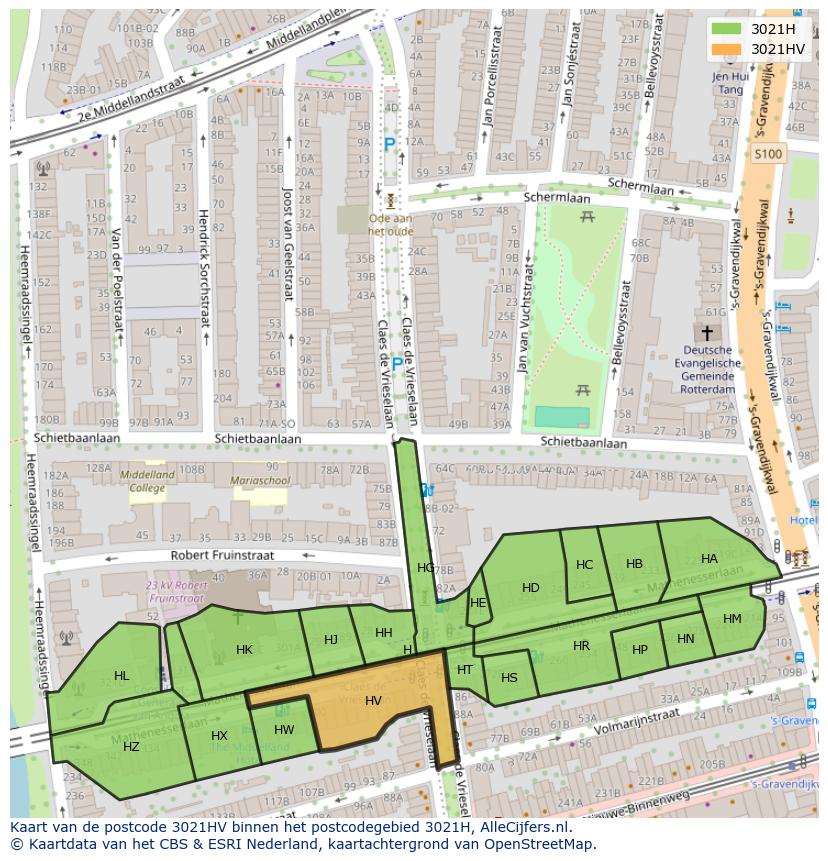 Afbeelding van het postcodegebied 3021 HV op de kaart.