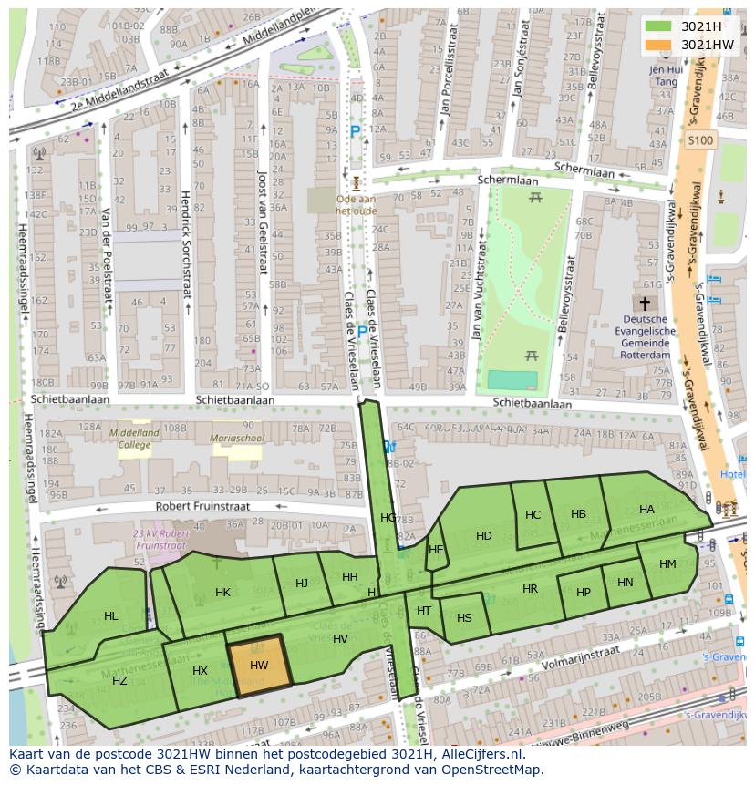 Afbeelding van het postcodegebied 3021 HW op de kaart.