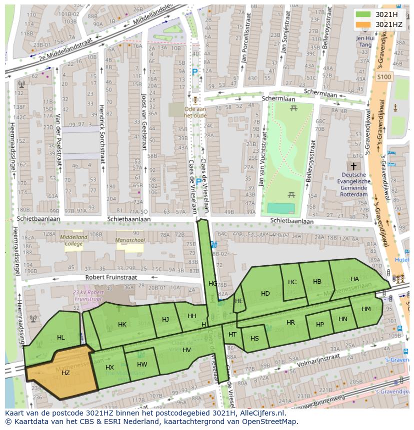 Afbeelding van het postcodegebied 3021 HZ op de kaart.