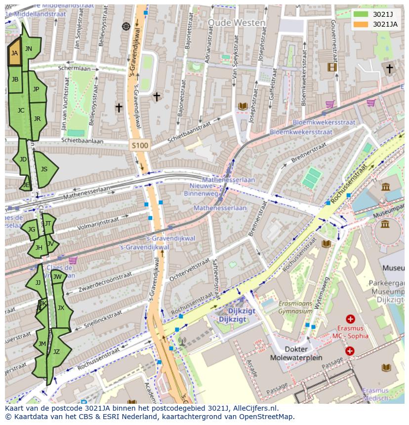 Afbeelding van het postcodegebied 3021 JA op de kaart.
