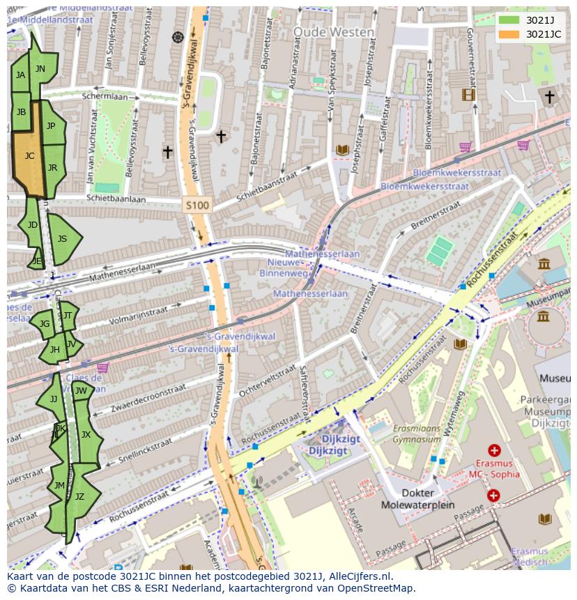 Afbeelding van het postcodegebied 3021 JC op de kaart.
