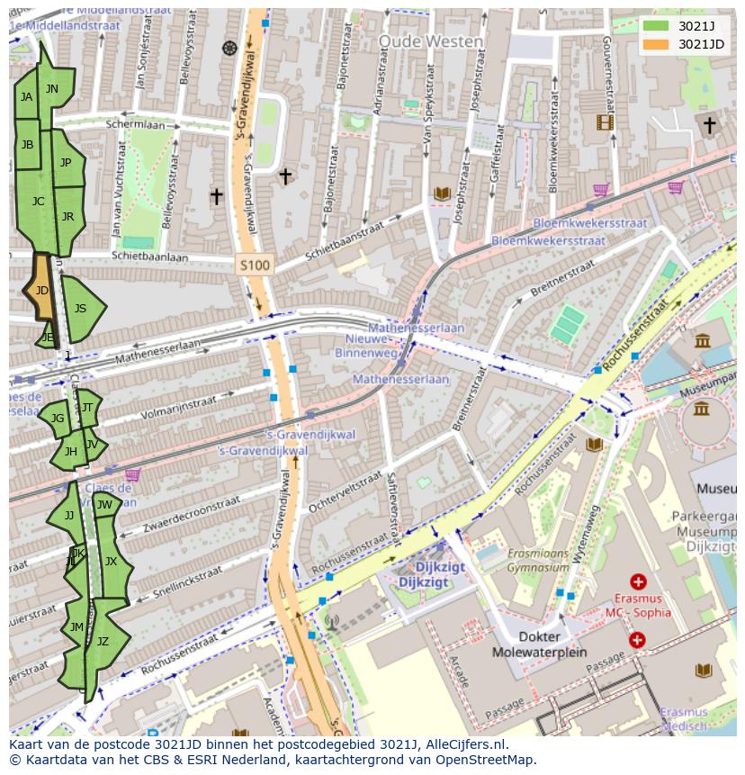Afbeelding van het postcodegebied 3021 JD op de kaart.