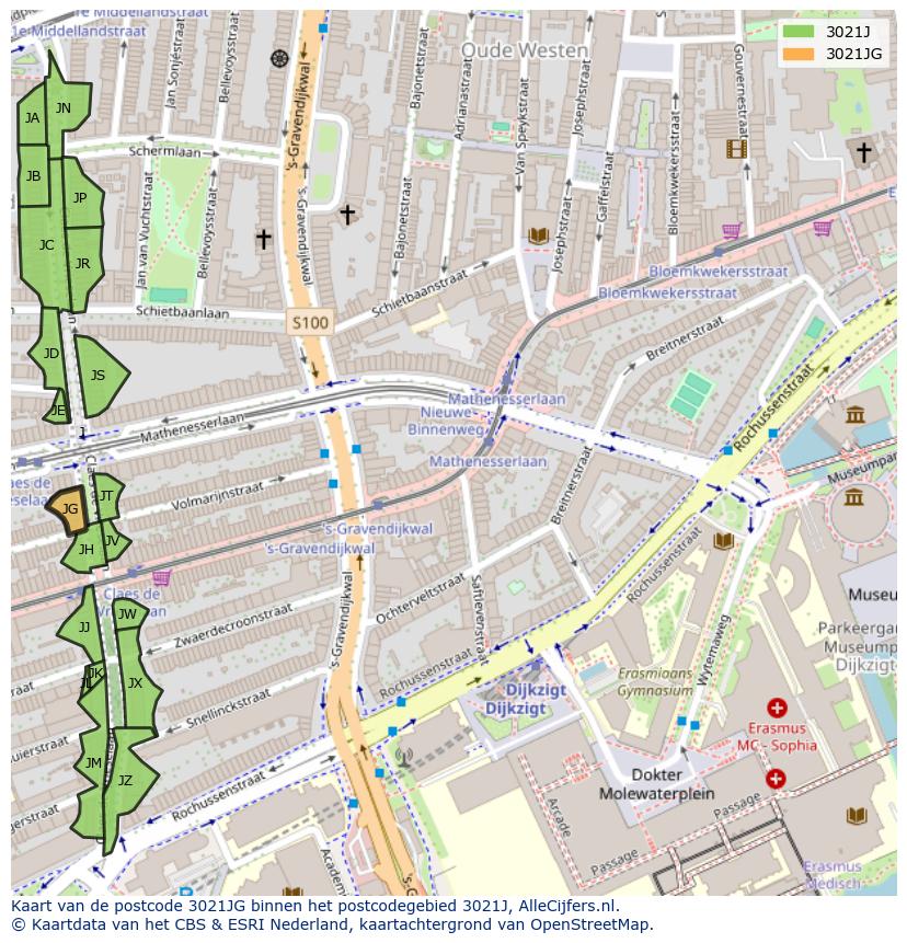 Afbeelding van het postcodegebied 3021 JG op de kaart.