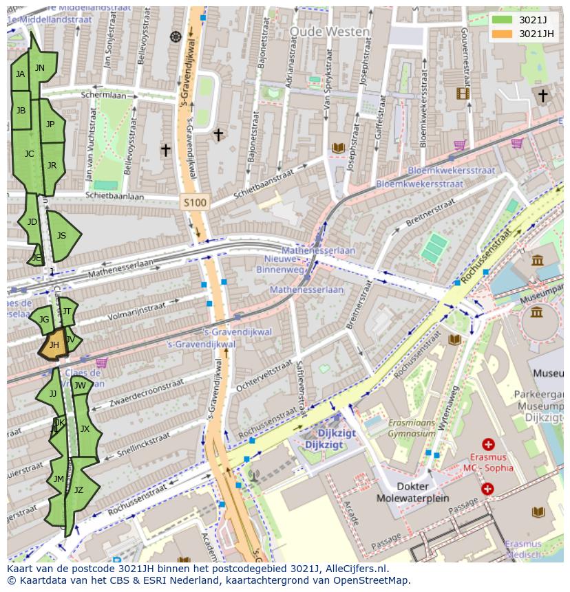 Afbeelding van het postcodegebied 3021 JH op de kaart.
