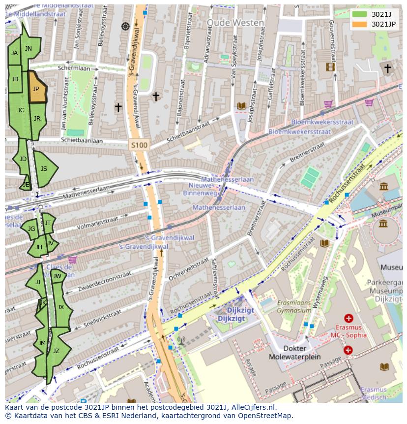 Afbeelding van het postcodegebied 3021 JP op de kaart.