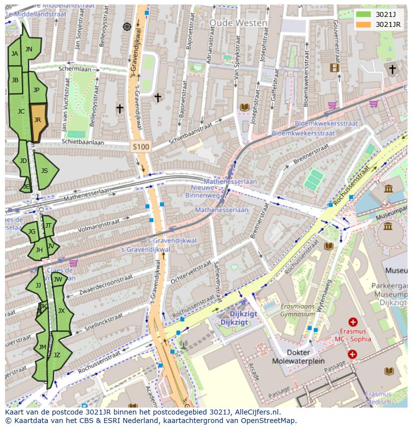 Afbeelding van het postcodegebied 3021 JR op de kaart.