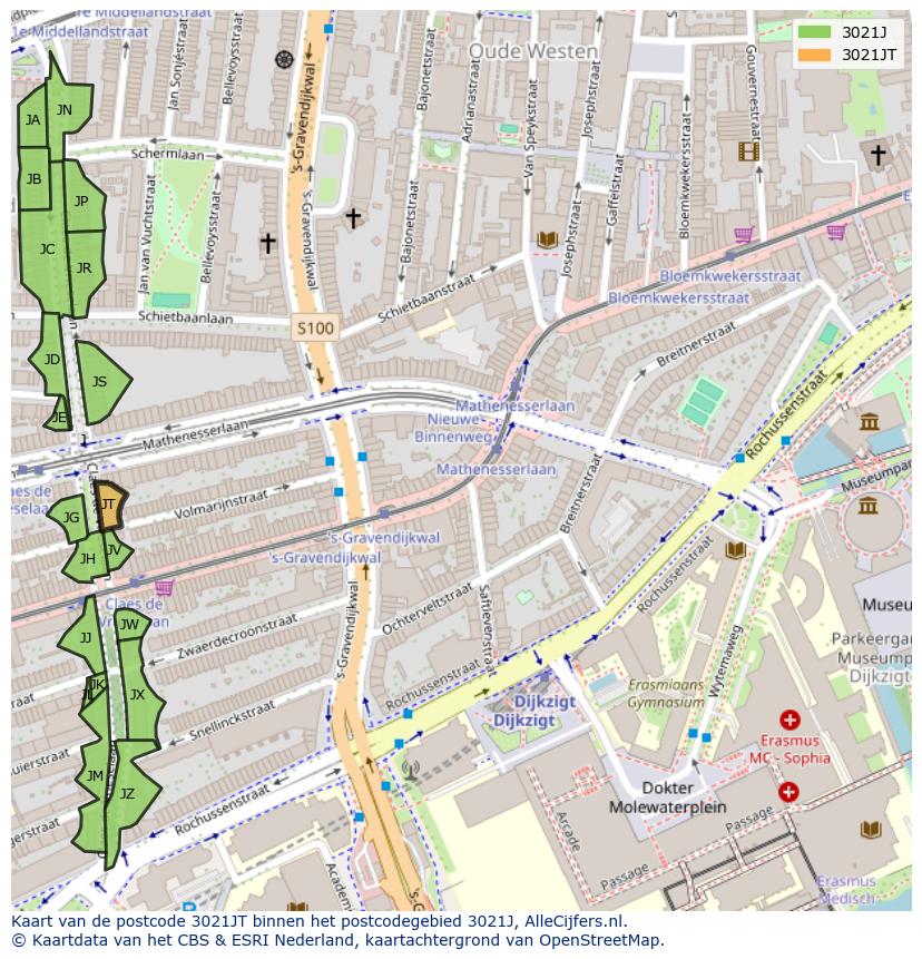 Afbeelding van het postcodegebied 3021 JT op de kaart.