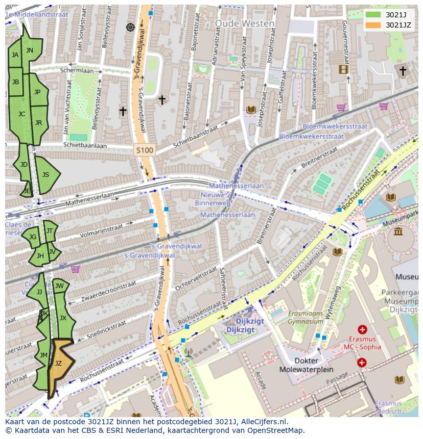 Afbeelding van het postcodegebied 3021 JZ op de kaart.