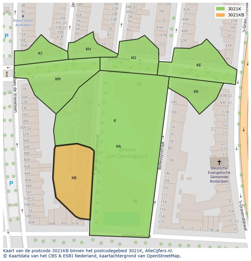 Afbeelding van het postcodegebied 3021 KB op de kaart.
