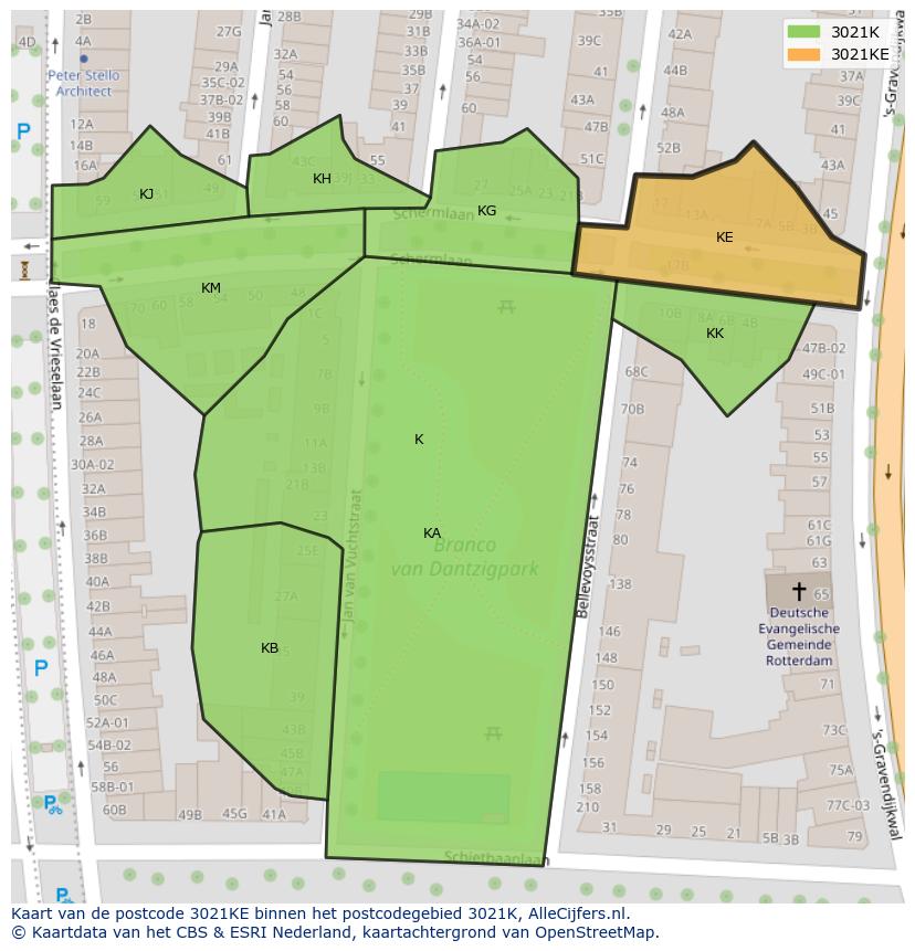 Afbeelding van het postcodegebied 3021 KE op de kaart.