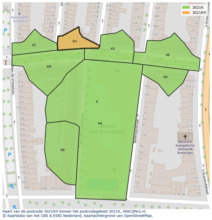 Afbeelding van het postcodegebied 3021 KH op de kaart.