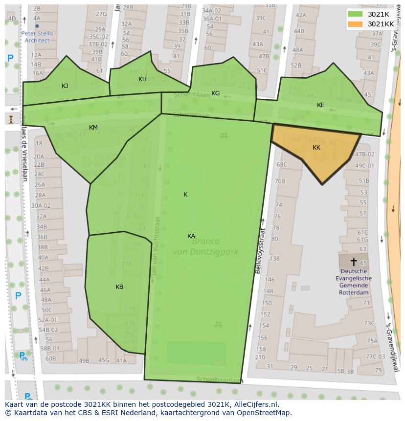 Afbeelding van het postcodegebied 3021 KK op de kaart.