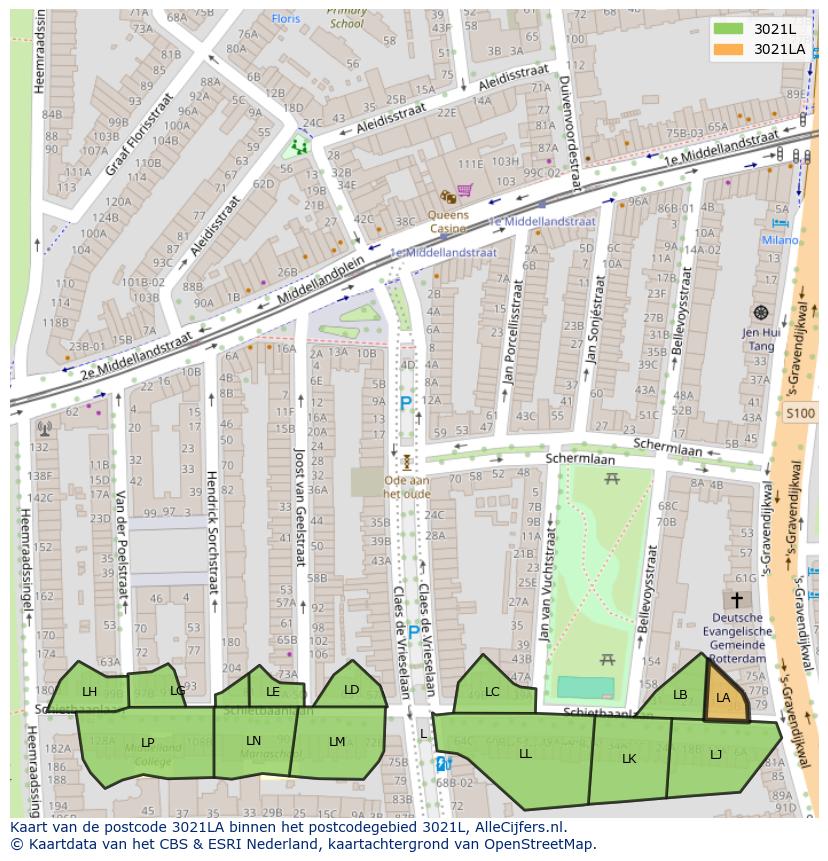 Afbeelding van het postcodegebied 3021 LA op de kaart.