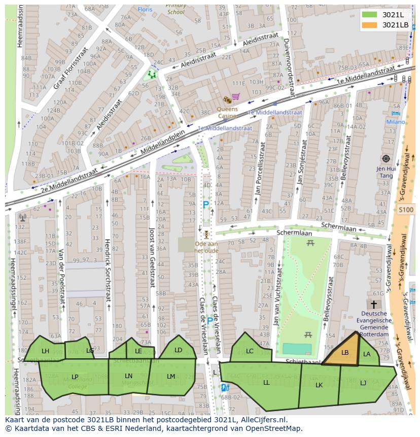 Afbeelding van het postcodegebied 3021 LB op de kaart.