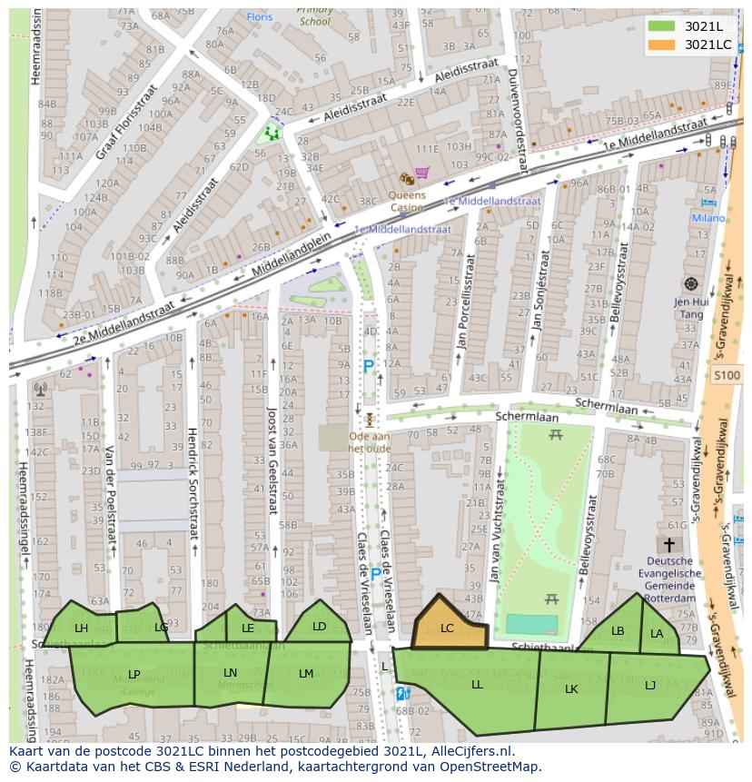 Afbeelding van het postcodegebied 3021 LC op de kaart.