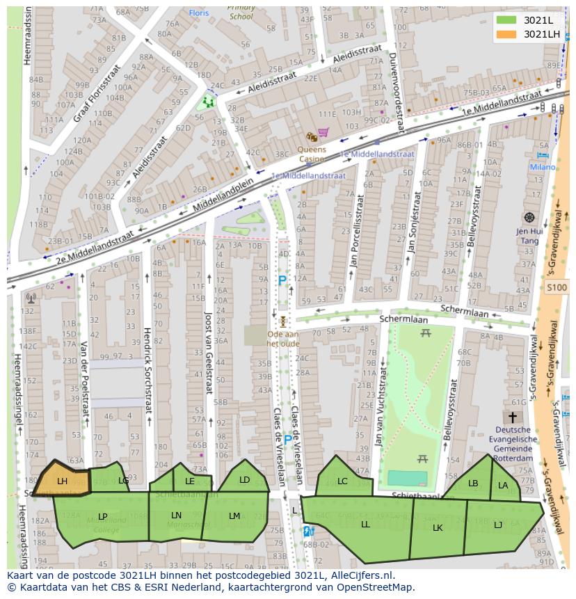 Afbeelding van het postcodegebied 3021 LH op de kaart.