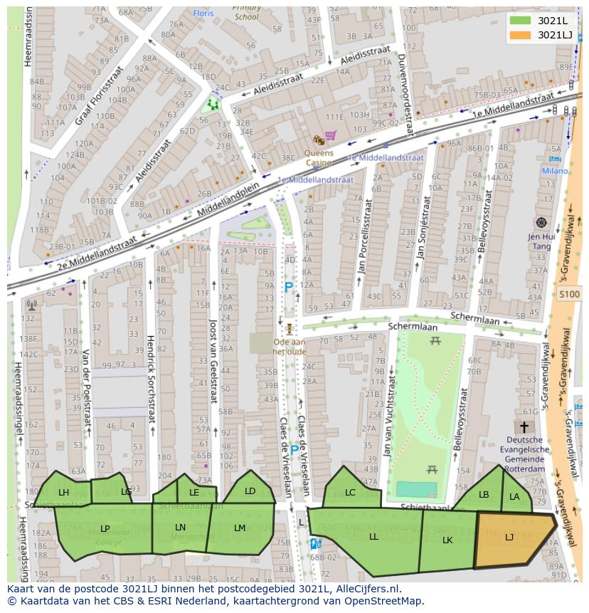 Afbeelding van het postcodegebied 3021 LJ op de kaart.