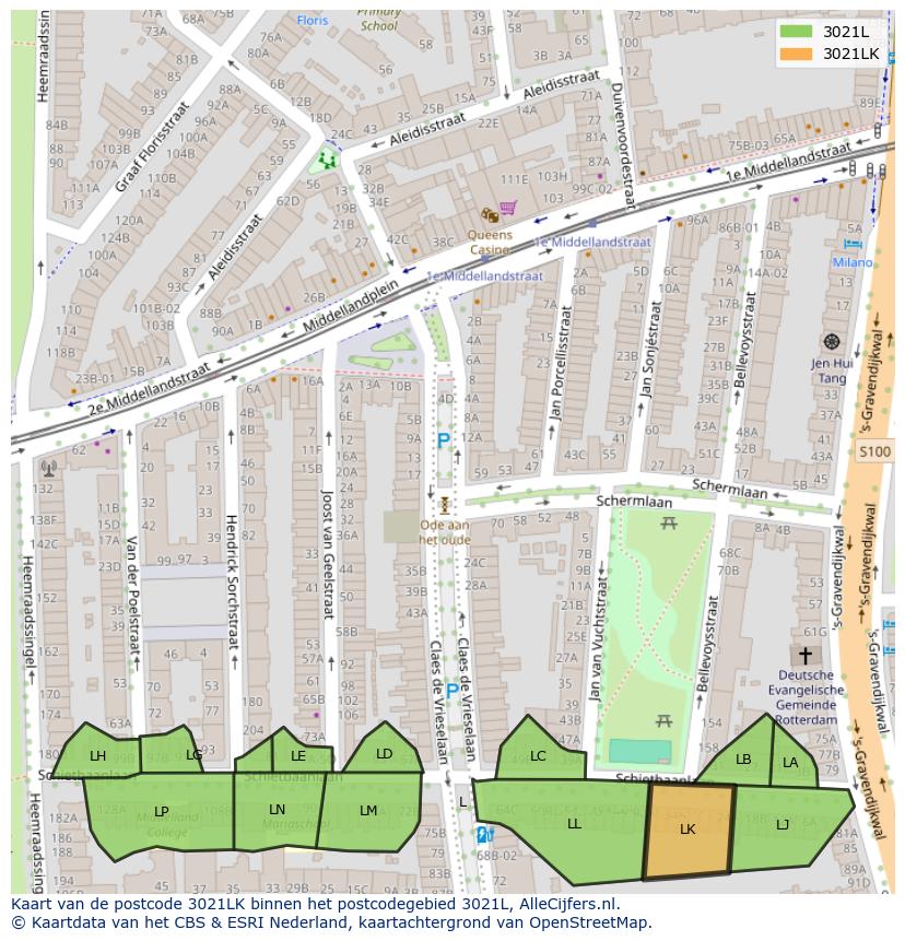 Afbeelding van het postcodegebied 3021 LK op de kaart.