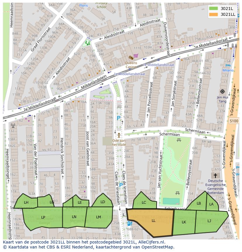Afbeelding van het postcodegebied 3021 LL op de kaart.